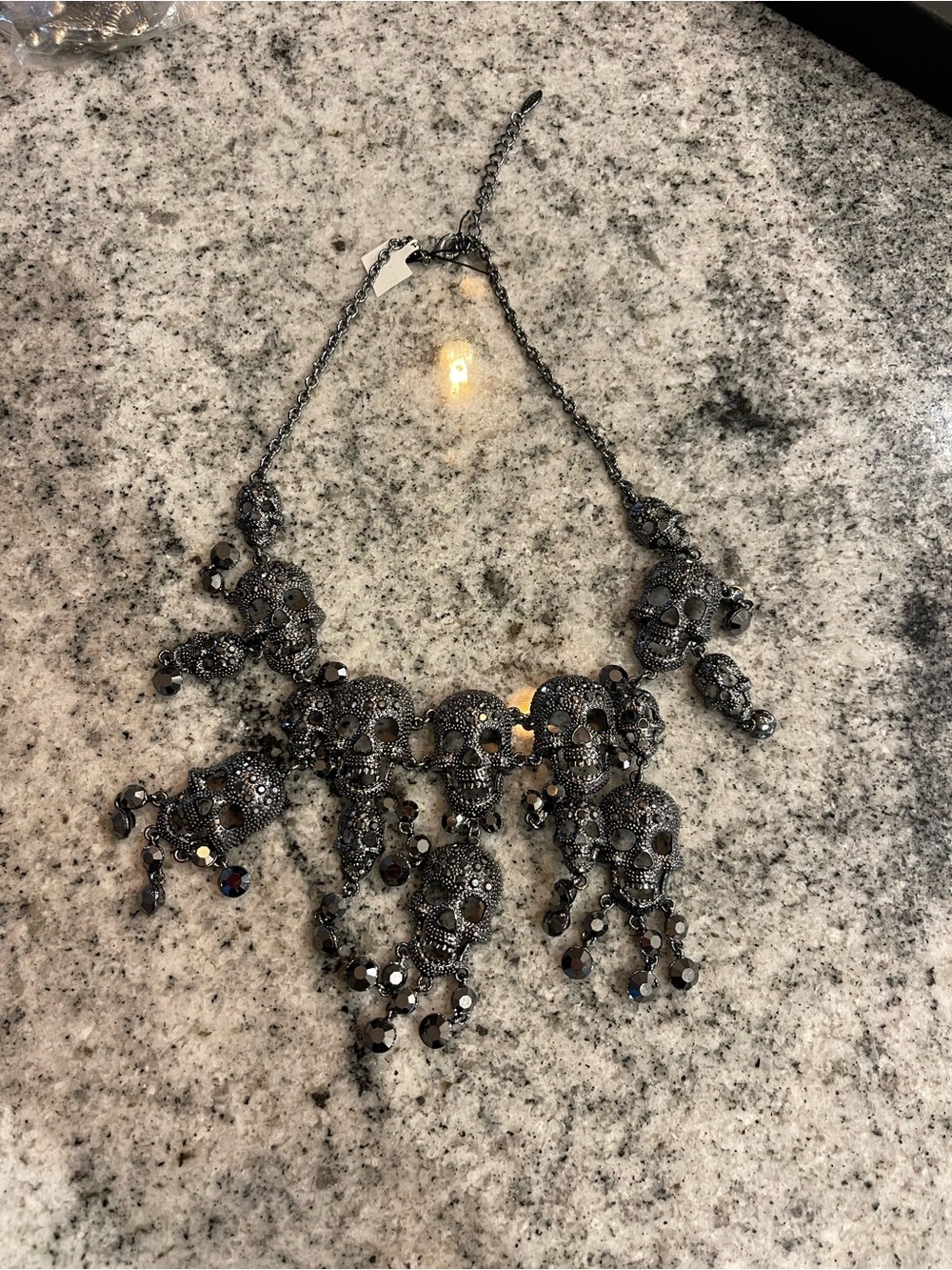 Natasha Couture Gunmetal Skull Statement Bib Necklace with Dangles
